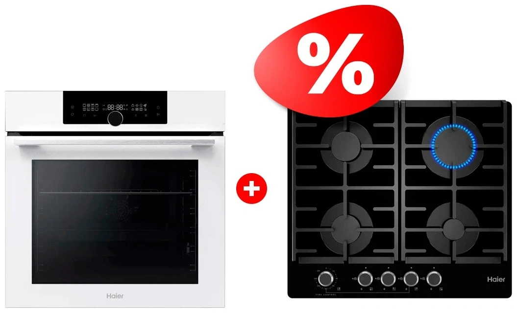 Жиынтық Встраиваемый духовой шкаф Haier HOQ-F6QSN3WB + Газовая варочная поверхность Haier HHX-G64CNMB 