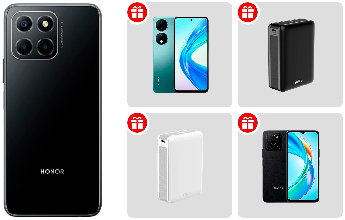 Жиынтық Смартфон Honor X6b 4/128 Midnight Black + Honor смартфоны X7b 8/128GB Emerald Green + Смартфон Honor X5b Plus 4/128 Midnight Black + Power Bank ARG 20000mAh Black (ARG20000TB20) + Power Bank ARG 20000mAh White (ARG20000TW20) 