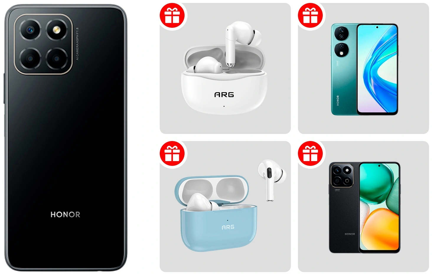 Комплект Смартфон Honor X6b 6/256 Midnight Black + Смартфон Honor X7b 8/128GB Emerald Green + Смартфон Honor X7c 6/128GB Midnight Black + Наушники ARG T11 White + TWS Наушники ARG MA3 Blue 