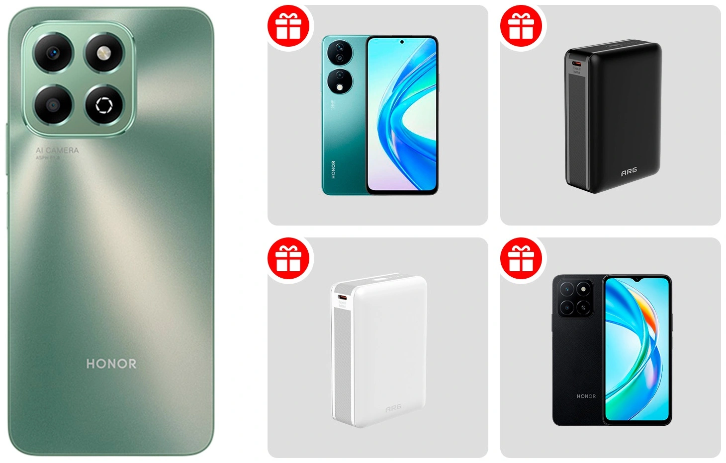 Жиынтық Power Bank ARG 20000mAh Black (ARG20000TB20) + Power Bank ARG 20000mAh White (ARG20000TW20) + Смартфон Honor X6b 4/128 Forest Green + Honor смартфоны X7b 8/128GB Emerald Green + Смартфон Honor X5b Plus 4/128 Midnight Black 