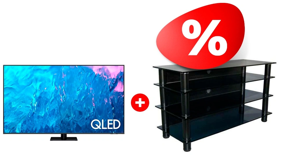 Жиынтық QLED TV Samsung QE85Q70CAUXUZ + Стеклокомплекс сөресі ТV-SR 920/4 