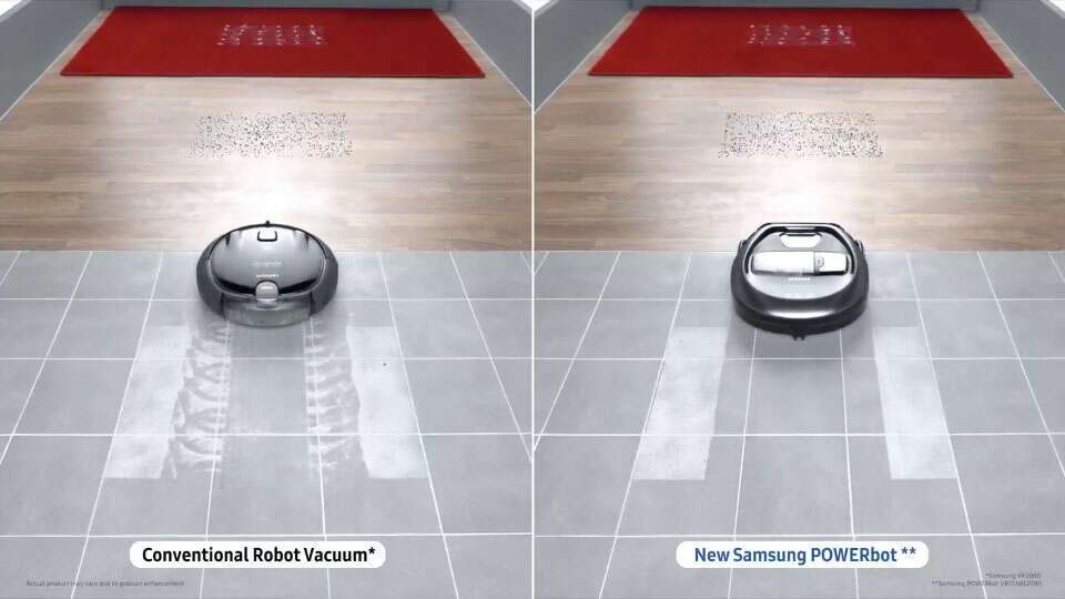 The 'Multi-surface cleaning' image, comparing a POWERbot VR7000 device with a conventional vacuum cleaner, and showing the device operating on tiles, hardwood and carpet, as well as its big brush and its powerful suction power.
