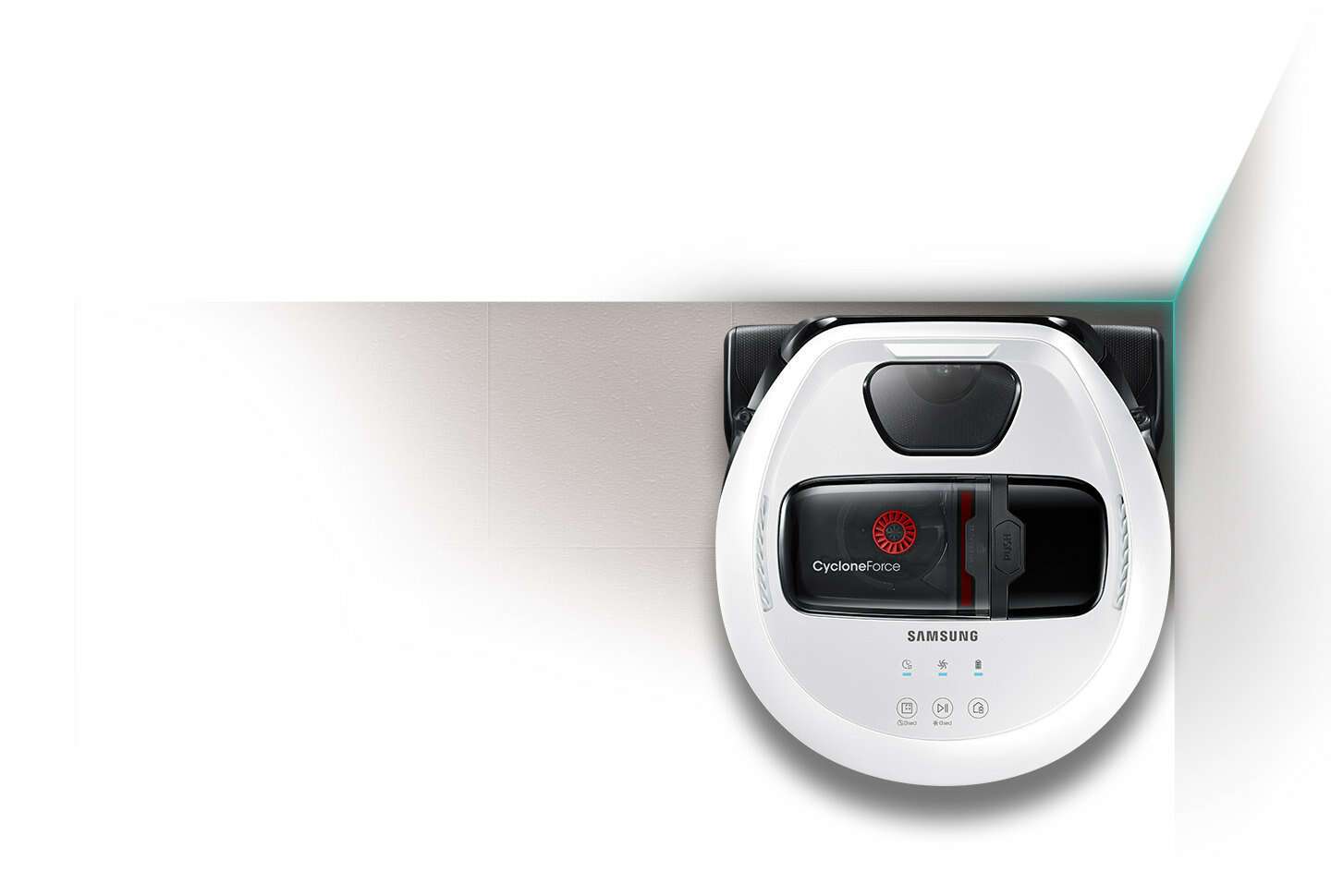 An image showing a POWERbot VR7000 device cleaning the corners of a room.