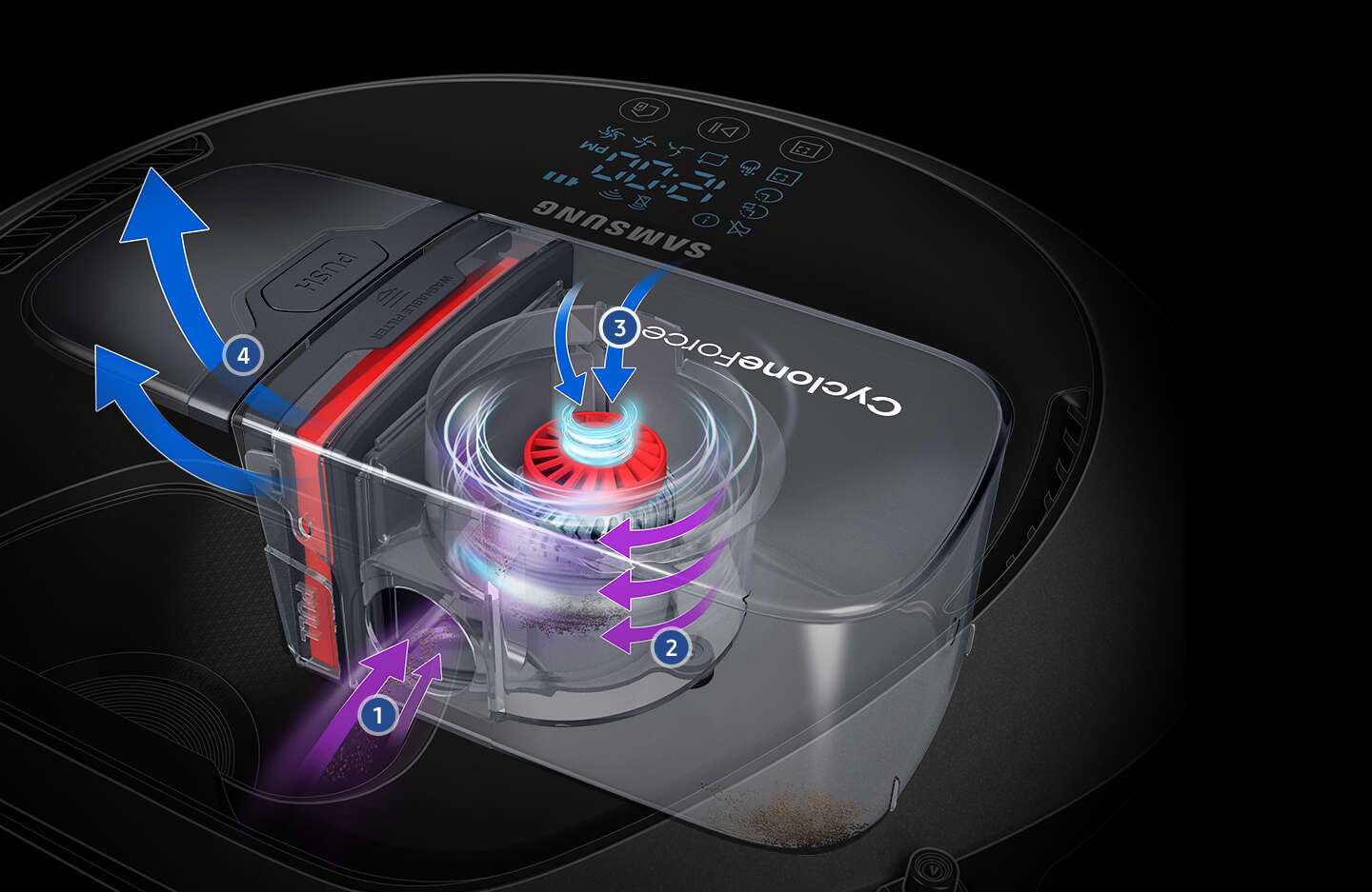 An image showing the CycloneForce in a transparent POWERbot VR7000 body. Various parts are numbered. Number 1 and 2 show how air from outside enters and rotates in the machine. Number 3 shows how dirt is removed according to weight and how air is discharged. Number 4 shows the clean air that has gone through the entire filtering process.