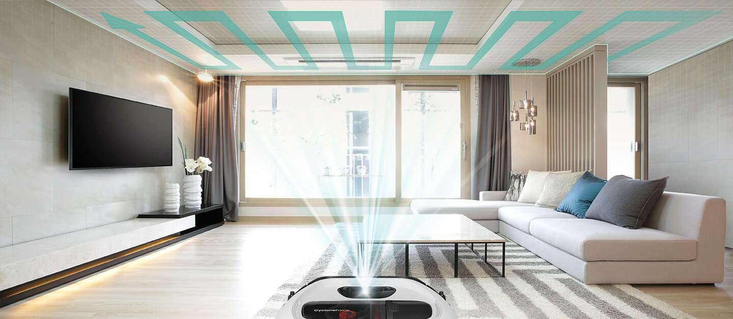 An image showing an entire living room and a POWERbot VR7000 device set in the middle. Its sensor scans the ceiling and creates a cleaning path.