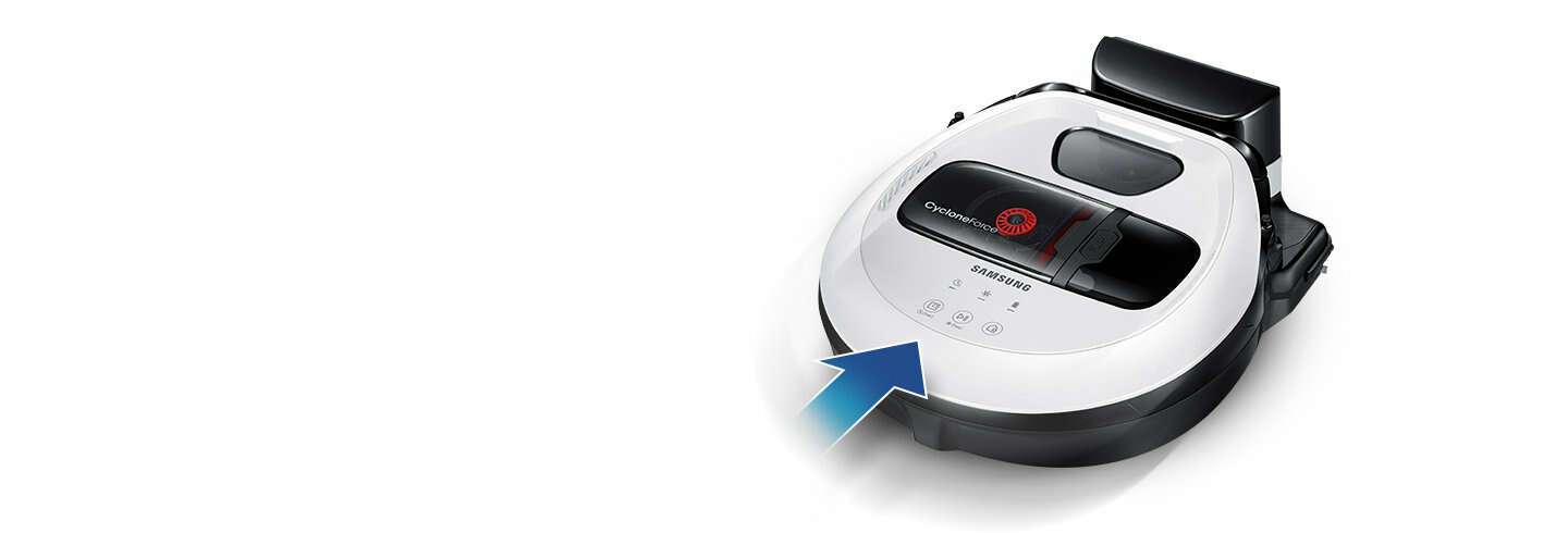 An image of a POWERbot VR7000 device automatically connecting to its docking station and charging.