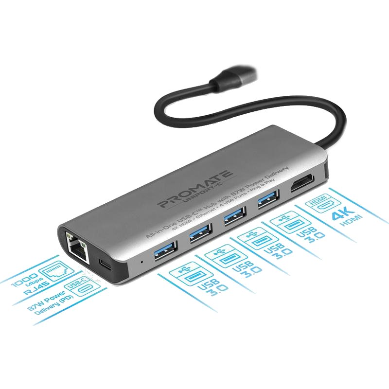 Разветвитель Apple Promate All-in-One USB-C Hub серебристый