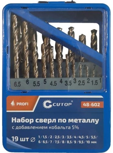 Сверло CUTOP по металлу с кобальтом в металлической коробке 48-602, набор 19 шт.