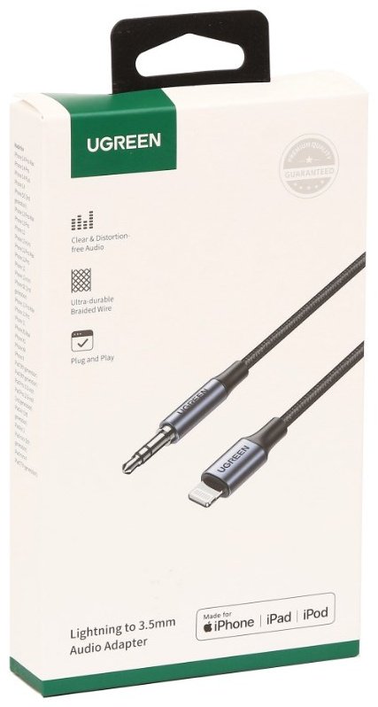 Переходник Ugreen 3.5 мм jack (F), Lightning, 2 м, US315 (70862) черный купить,NaN