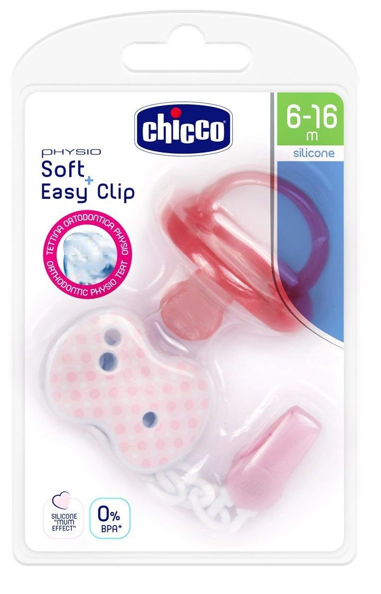 Пустышка с прищепкой Chicco Physio Soft розовая купить,NaN