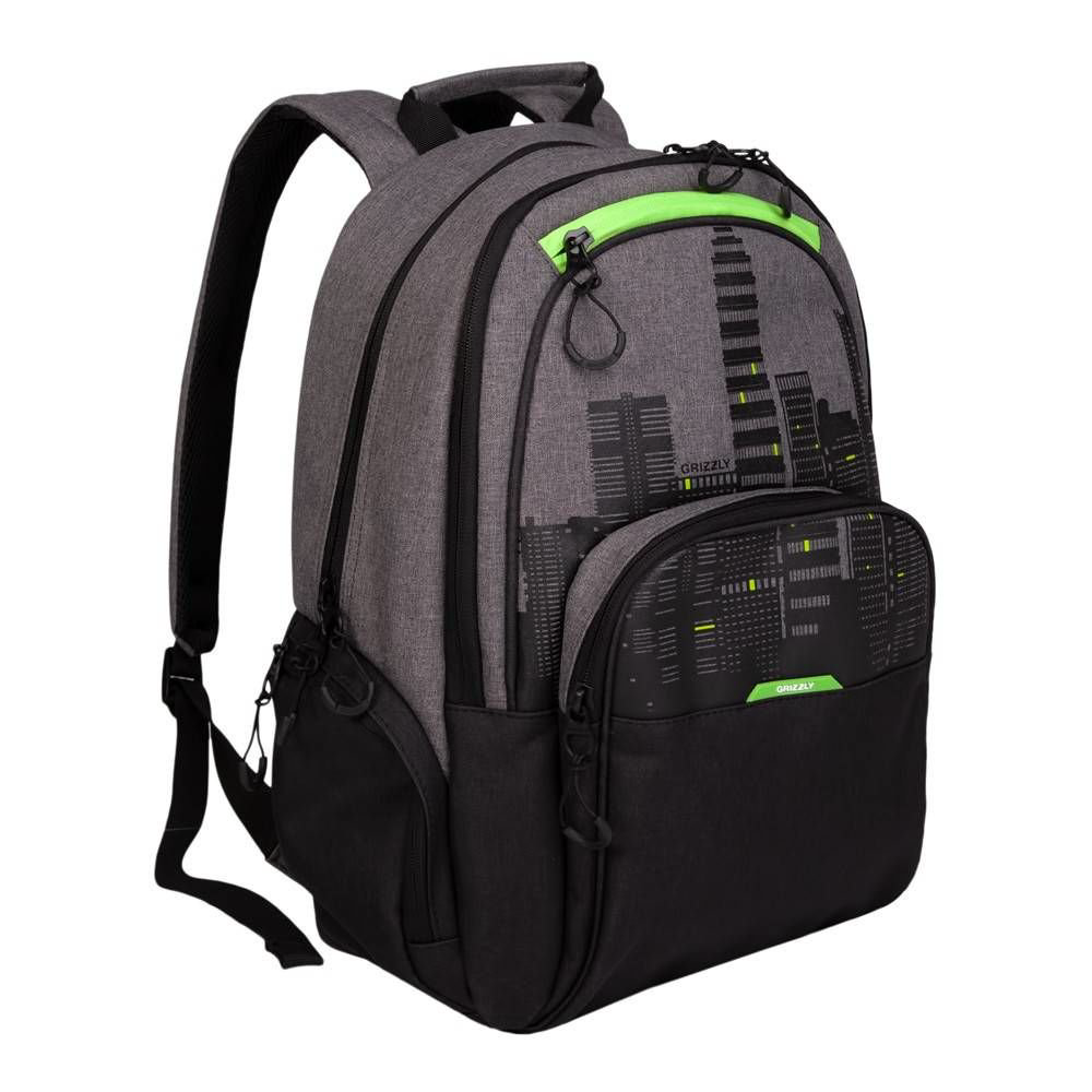  Рюкзак Grizzly Город 30х42х22см черно-салатовый купить,NaN