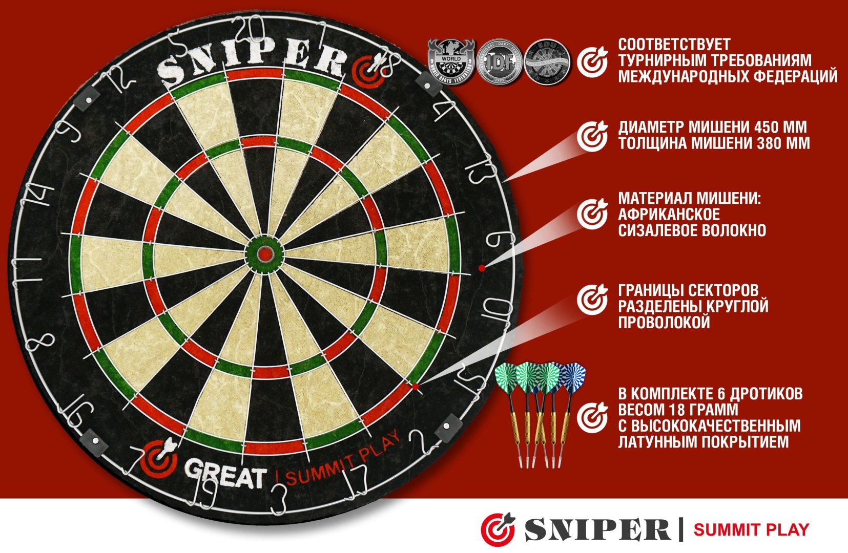 Мишень Комплект для игры в дартс SNIPER Summit Play Great SSP-18GP