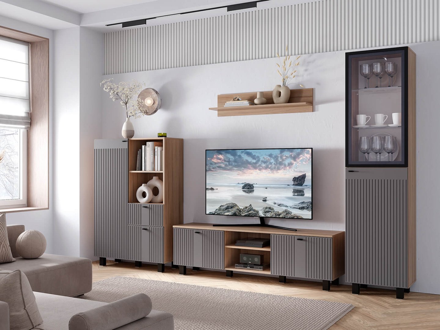 ТВ-тумба напольная Mebels.kz "Олива" ТБ-09, 160.2x48.4x37.6 см, темно-бежевый, светло-коричневый купить,NaN