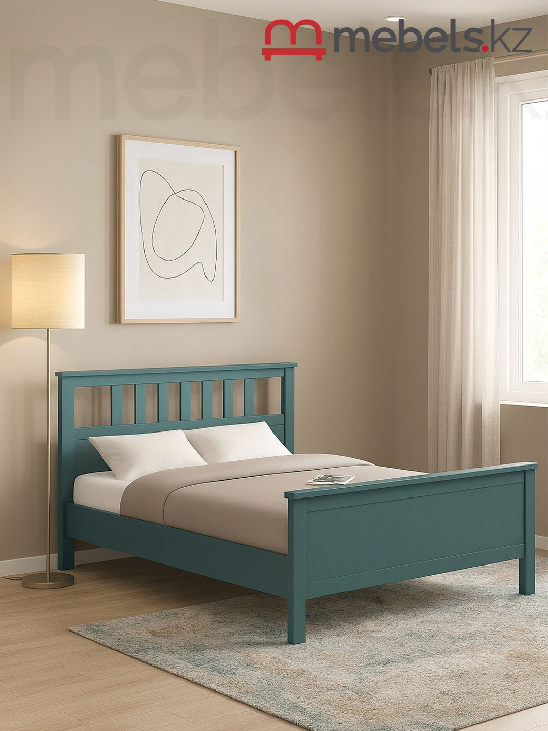 Кровать Mebels.kz HEMNES двуспальная, 160x200 см (без матраса, без подъёмного механизма) бирюзовый купить,NaN