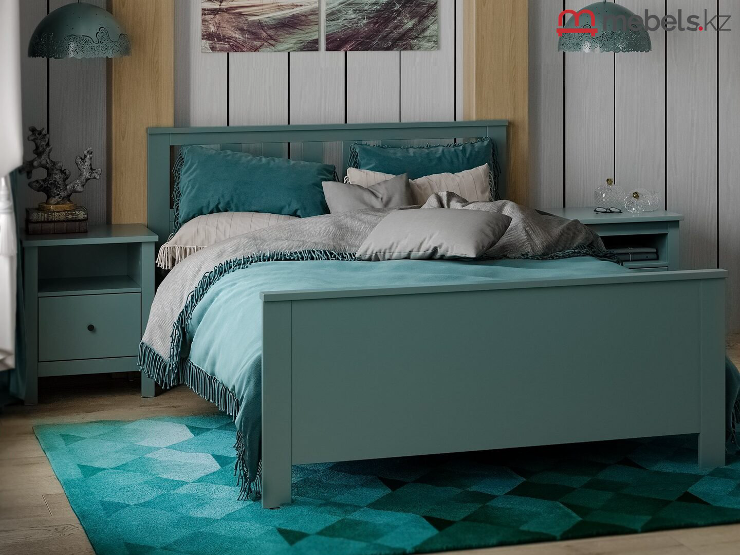 Кровать Mebels.kz HEMNES двуспальная, 160x200 см (без матраса, без подъёмного механизма) бирюзовый купить,NaN