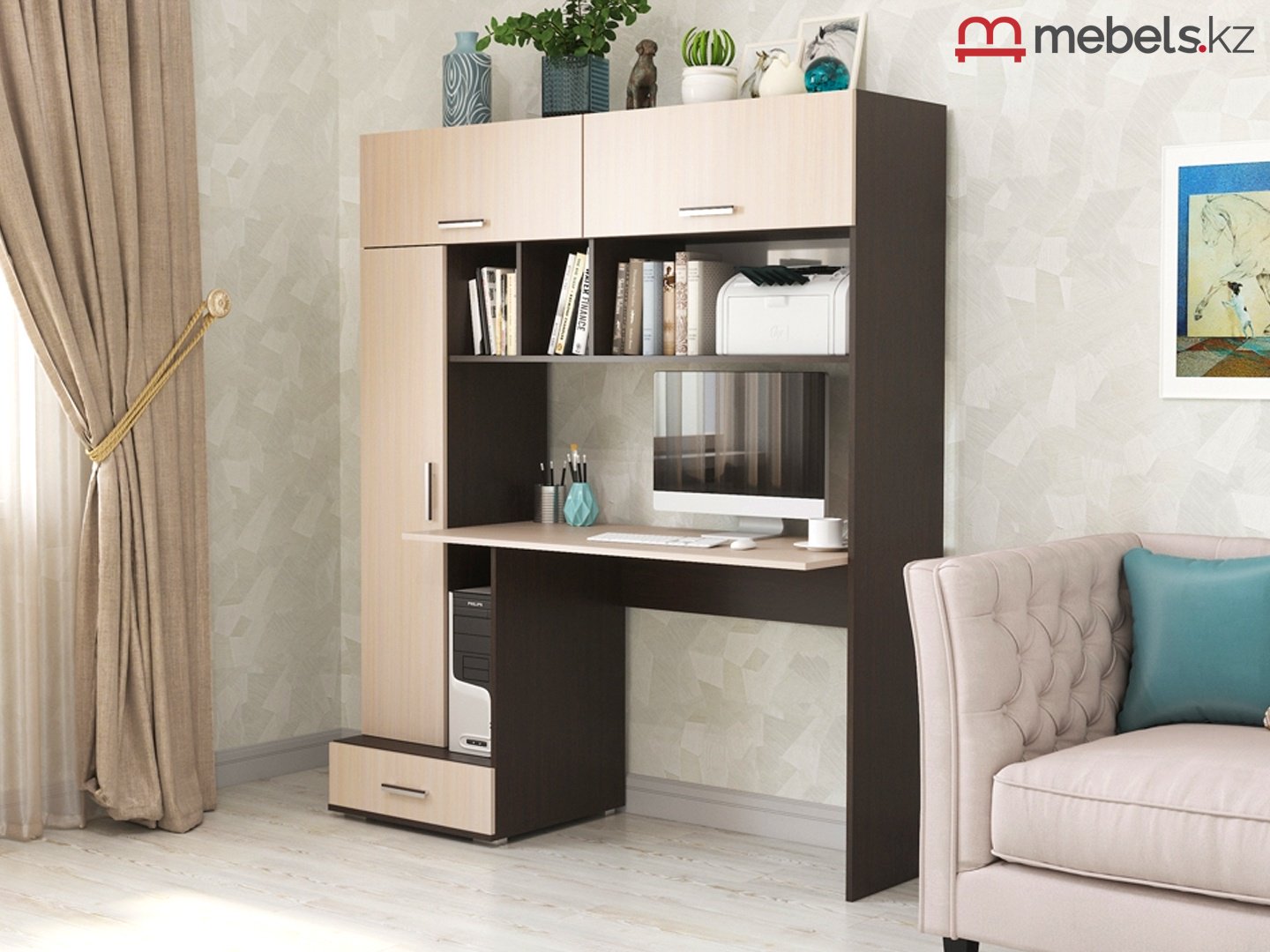 Стол компьютерный с надстройкой Mebels.kz ПКС-1, 150х57x180 см, бежевый, темно-коричневый купить,NaN