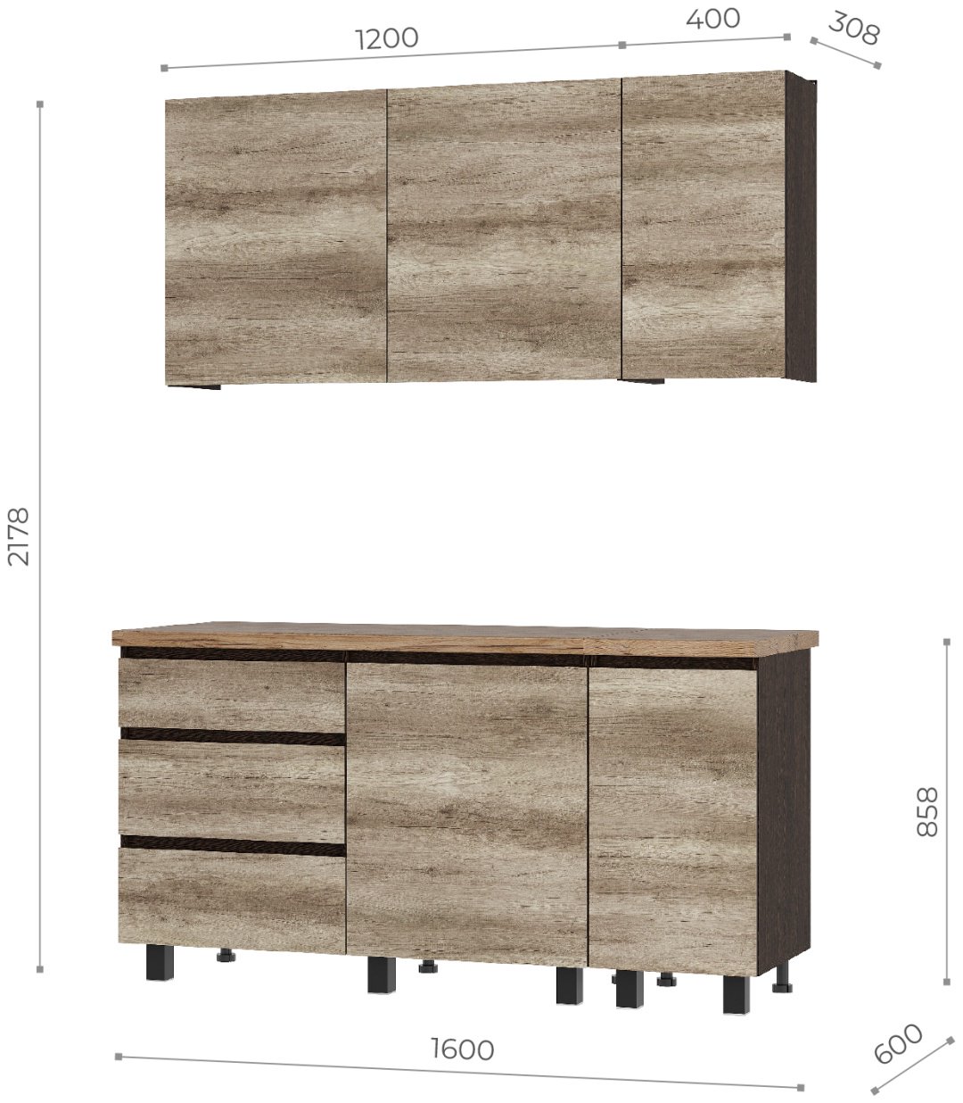Кухонный гарнитур BTS Энигма, 160x217.8х60 см, ЛДСП, темно-коричневый, светло-коричневый купить,NaN