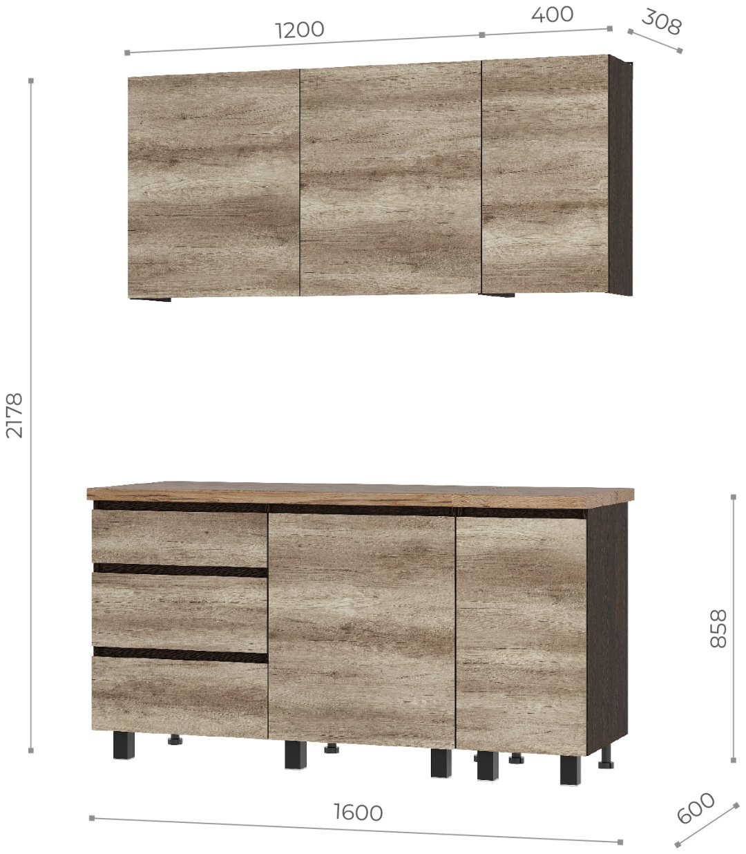 Кухонный гарнитур BTS Энигма, 160x217.8х60 см, ЛДСП, темно-коричневый, светло-коричневый купить,NaN