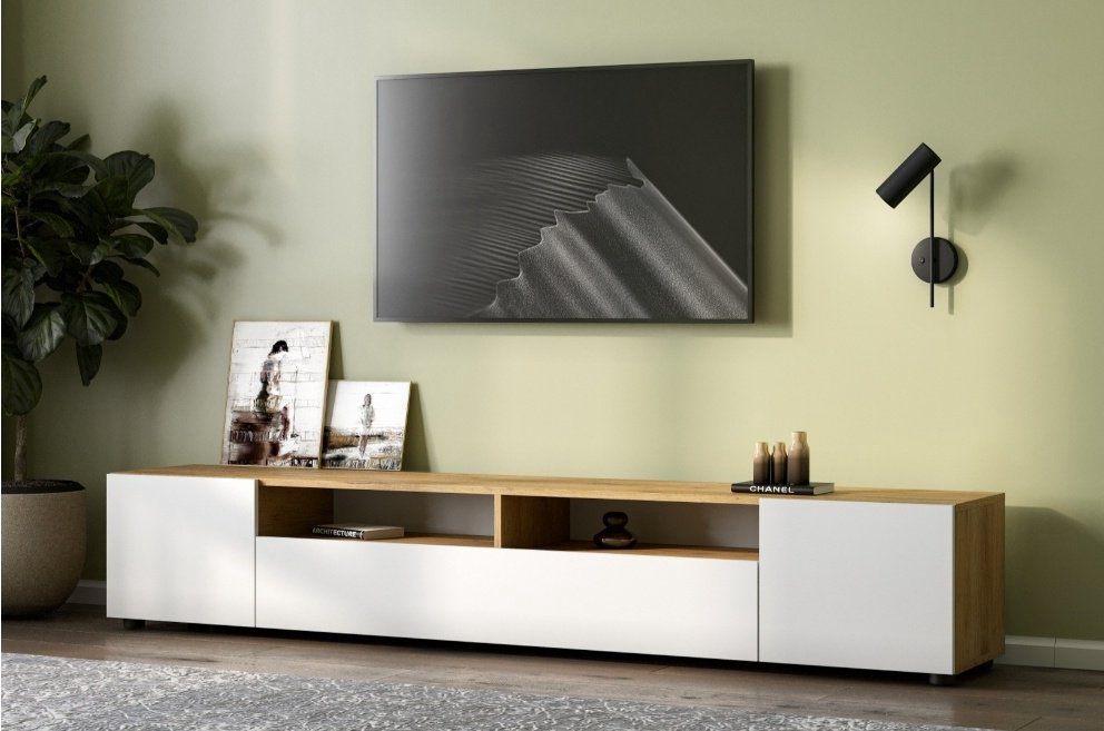 ТВ-тумба напольная SV Денвер, 200x35.5x34.6 см, белый, светло-коричневый купить,NaN