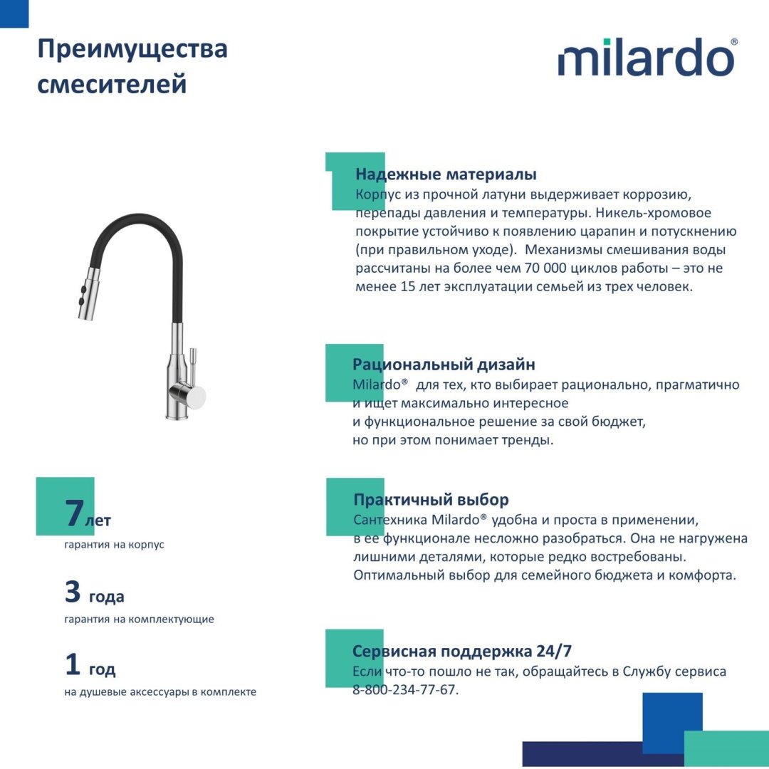 Смеситель с гибким изливом Milardo Meal M01SB2FM05, латунь, цвет черный, хром