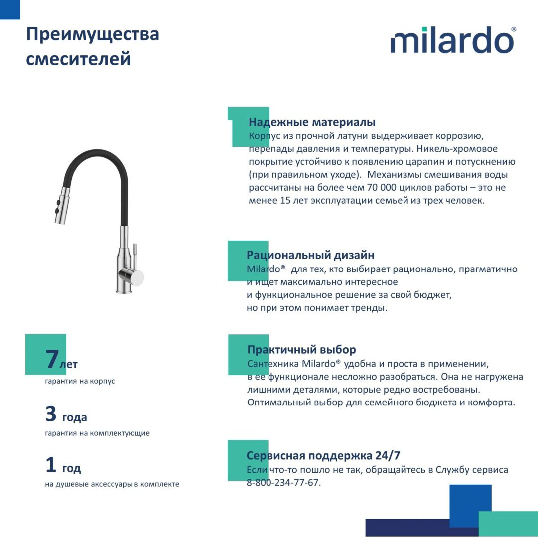 Смеситель с гибким изливом Milardo Meal M01SB2FM05, латунь, цвет черный, хром купить,41600