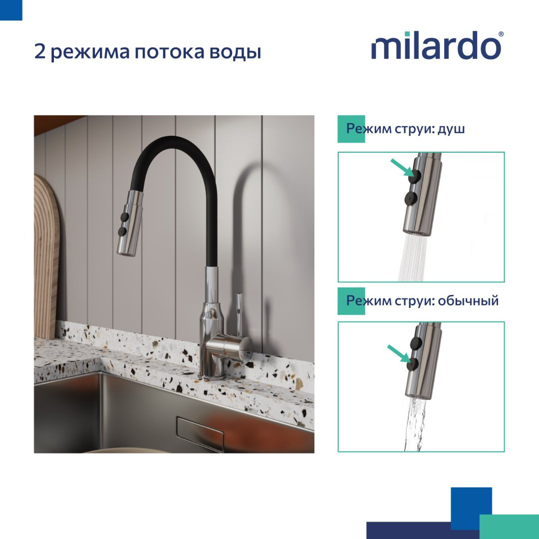 Смеситель с гибким изливом Milardo Meal M01SB2FM05, латунь, цвет черный, хром купить,41600