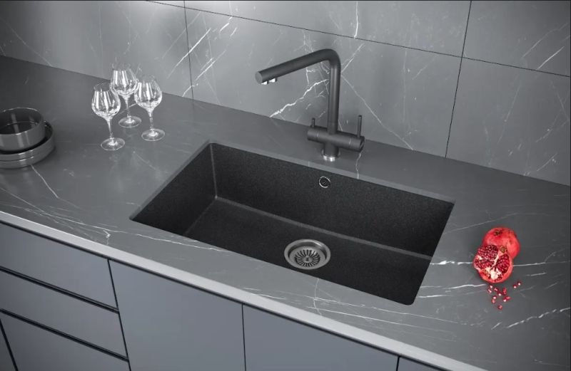 Кухонная мойка KuchenStern UNDER 80 Ku-Granit 103BL10 73х46х19 см, гранит, тон черный купить,144765