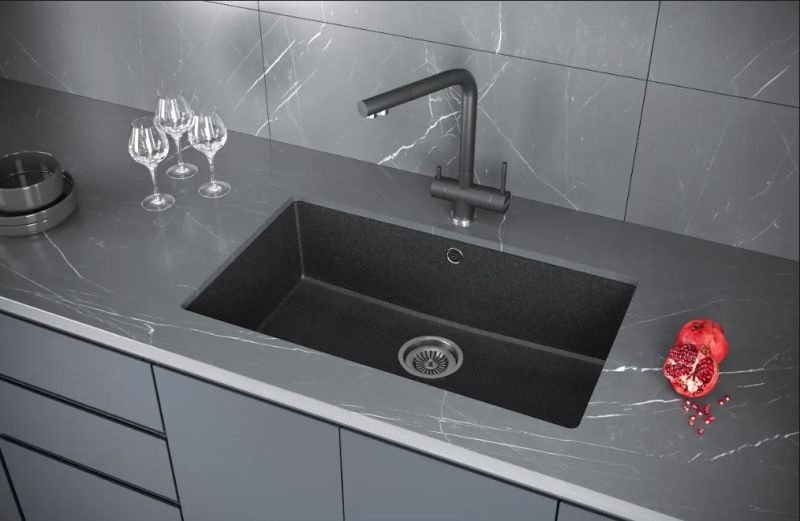 Кухонная мойка KuchenStern UNDER 80 Ku-Granit 103BL10 73х46х19 см, гранит, тон черный купить,144765