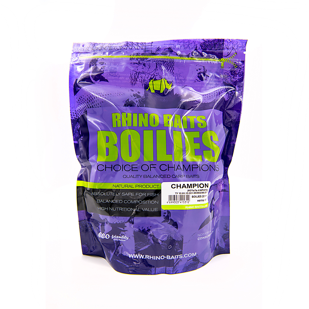 Бойлы вареные Rhino Baits Champion мотыль и фрукты 20 мм 1 кг купить,NaN