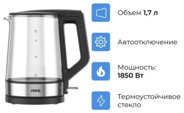 Электрочайник ARG Platinum KG-2018B черный, прозрачный
