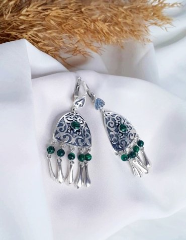 Серьги Кристалл-L С-35-63 вес 13.45 г серебро, малахит купить,NaN