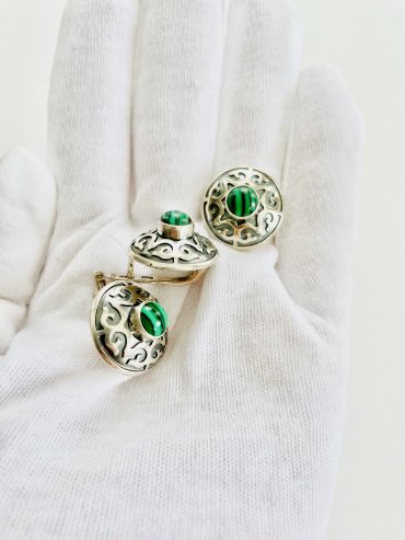 Серьги Кристалл-L С-35-52 вес 9.96 г серебро, малахит купить,NaN