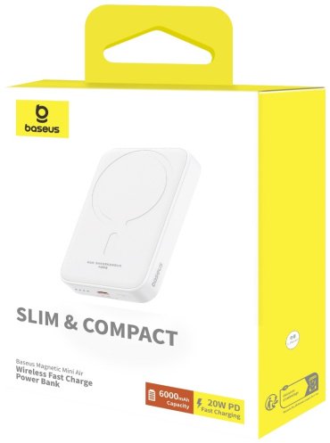 Внешний аккумулятор Baseus Magnetic Mini Air C+Qi 20W P10059002223-00 6000 мАч белый купить,0