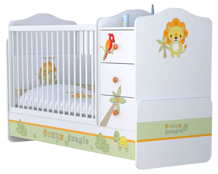 Кроватка детская с комодом Polini Basic Джунгли бело-зеленая купить,NaN
