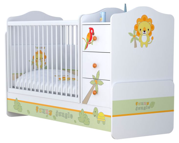 Кроватка детская с комодом Polini Basic Джунгли бело-зеленая купить,NaN