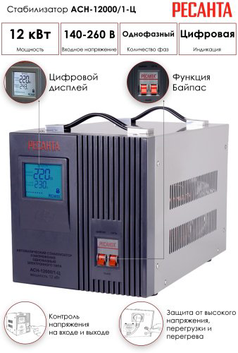 Стабилизатор напряжения Ресанта АСН-12000/1-Ц купить,NaN