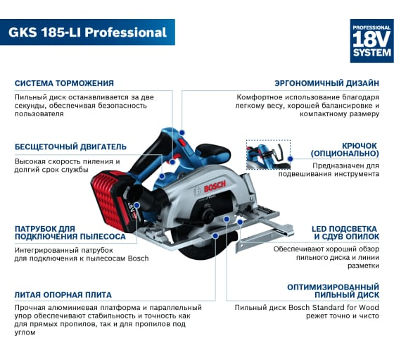 Пила аккумуляторная дисковая Bosch GKS 185-LI 06016C1223 