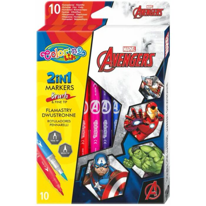 Фломастеры двусторонние для рисования Colorino Avengers 10 шт 10 цв 0.1 мм 0.5 мм картон купить,NaN
