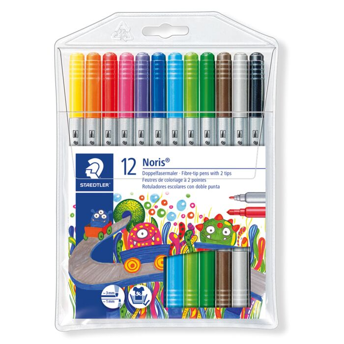 Фломастеры двусторонние для рисования Staedtler Noris Club 12 шт 12 цв 1 мм 3 мм пластик купить,NaN