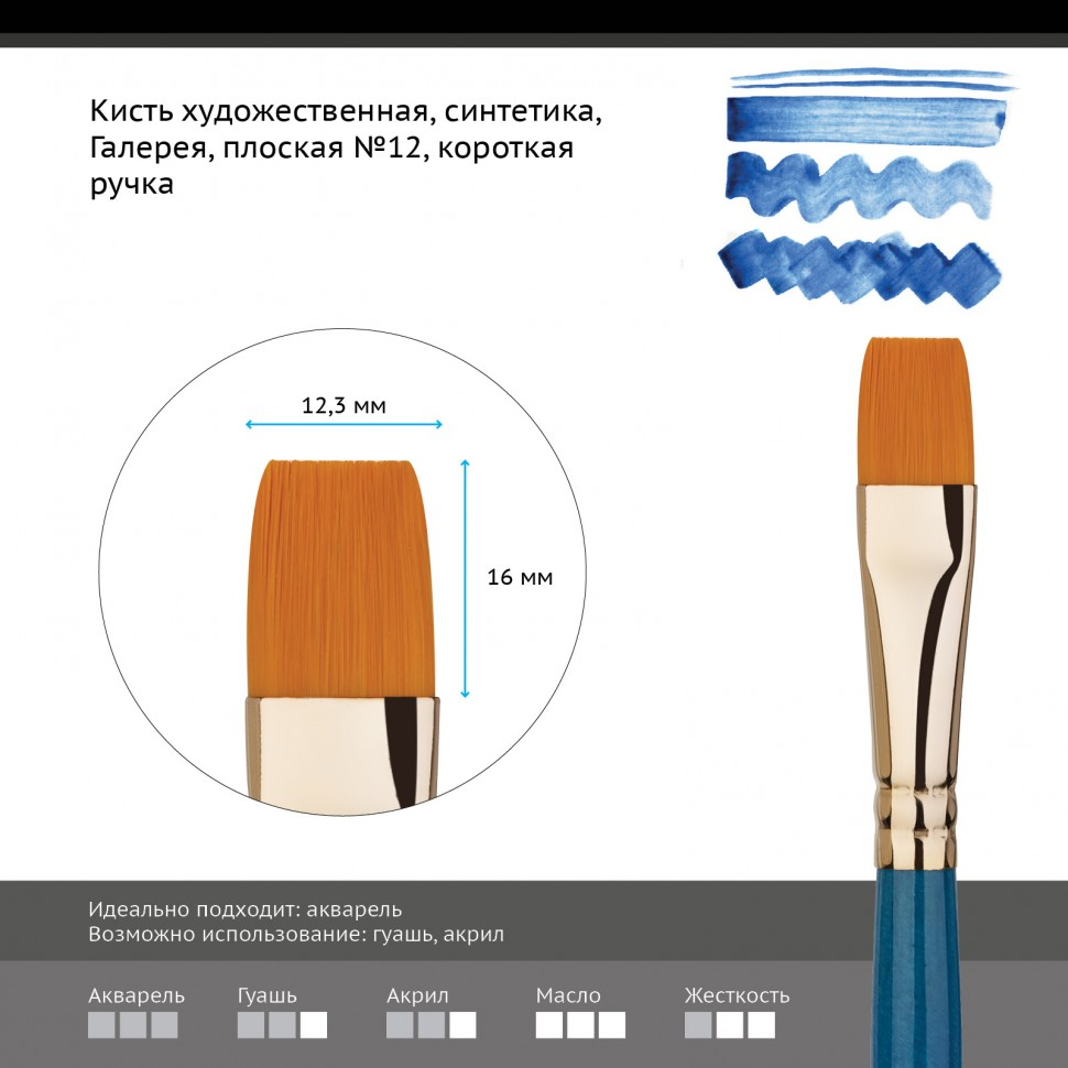 Кисть художественная Гамма Галерея плоская короткая ручка №12 купить,NaN