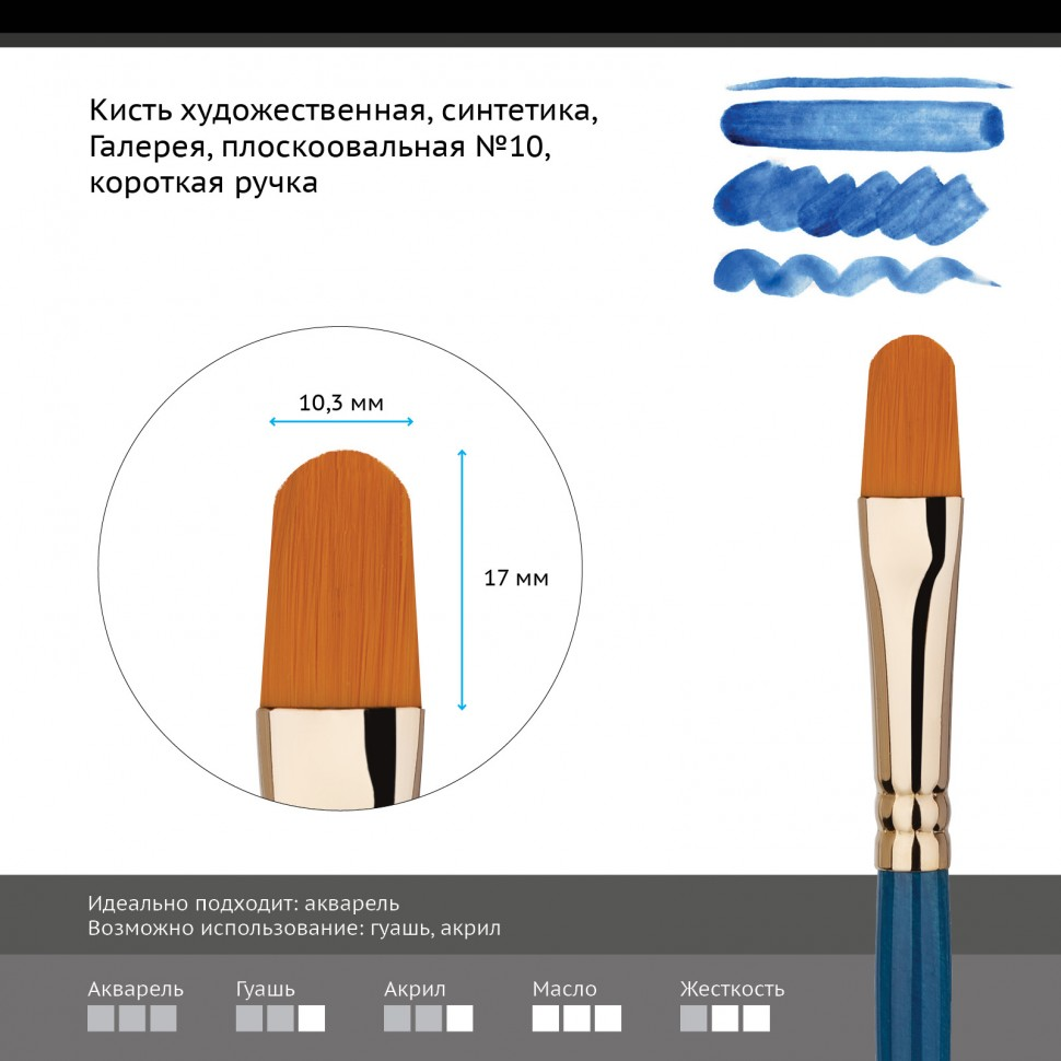 Кисть художественная Гамма Галерея плоскоовальная короткая ручка №10 купить,NaN