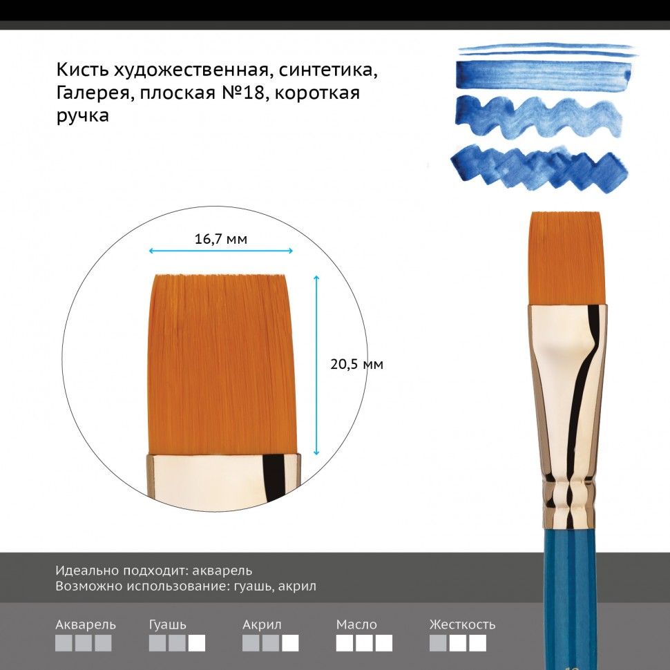 Кисть художественная Гамма Галерея плоская короткая ручка №18 купить,NaN