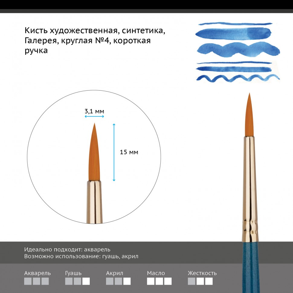 Кисть художественная Гамма Галерея круглая короткая ручка №4 купить,NaN