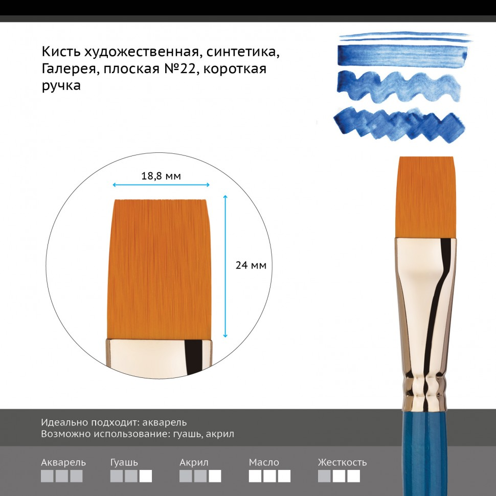 Кисть художественная Гамма Галерея плоская короткая ручка №22 купить,NaN