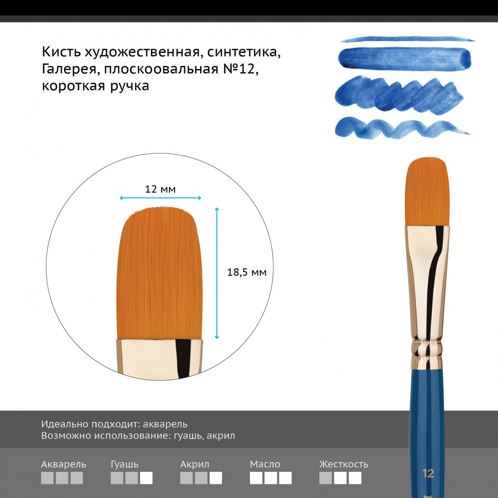 Кисть художественная Гамма Галерея плоскоовальная короткая ручка №12 купить,NaN