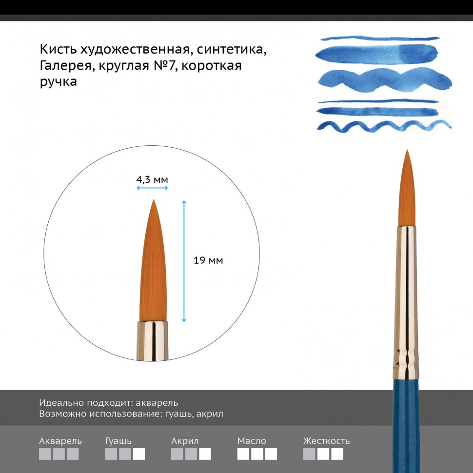 Кисть художественная Гамма Галерея круглая короткая ручка №7 купить,NaN