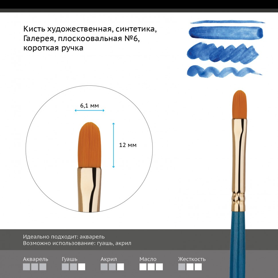 Кисть художественная Гамма Галерея плоскоовальная короткая ручка №6 купить,NaN