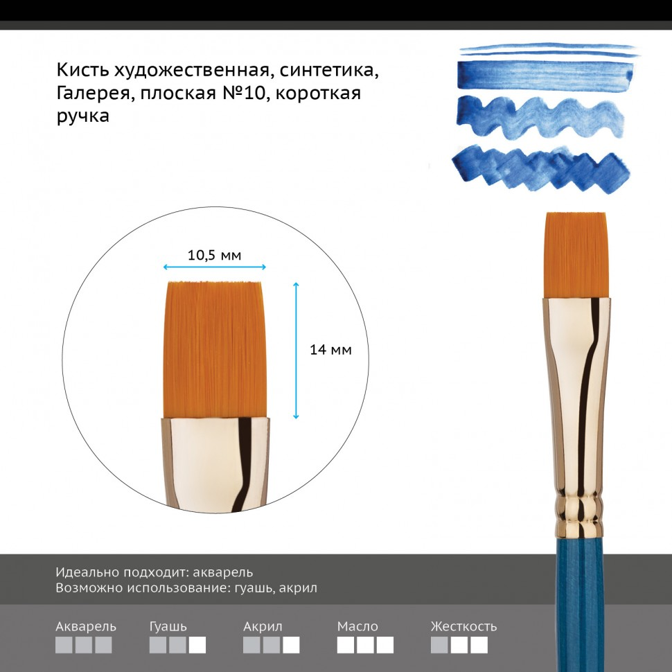 Кисть художественная Гамма Галерея плоская короткая ручка №10 купить,NaN