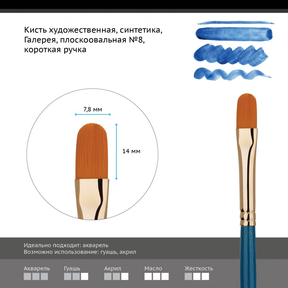 Кисть художественная Гамма Галерея плоскоовальная короткая ручка №8 купить,NaN