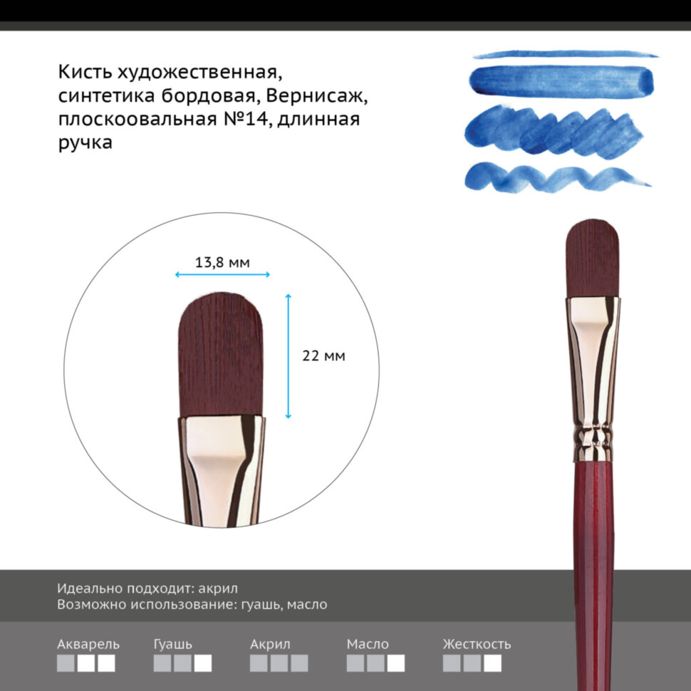 Кисть художественная Гамма Вернисаж плоскоовальная длинная ручка №14 купить,NaN
